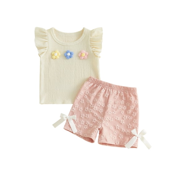 BemeyourBBs Toddler Baby Girl Spring Summer Clothes 2 Pieces Outfits 3D Flower Decor Fly Sleeve Crew Neck Tops Elastic Waist Shorts 2Pcs Clothes Set