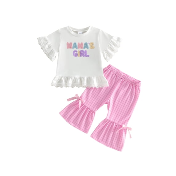 BemeyourBBs Toddler Baby Girl Spring Summer Fall Clothes Mama's Girl Daddy's Girl Outfits Cute Letter Embroidery Ruffles Short Sleeve T Shirts Plaid Flare Pants 2Pcs Clothes Set