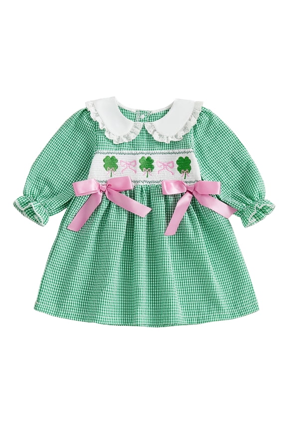 Toddler Baby Girl St Patricks Day Outfits Spring Irish Dress Clothes Plaid Four-leaf Clover Bow Loose Fit A Line Doll Collar Long Sleeve Dress