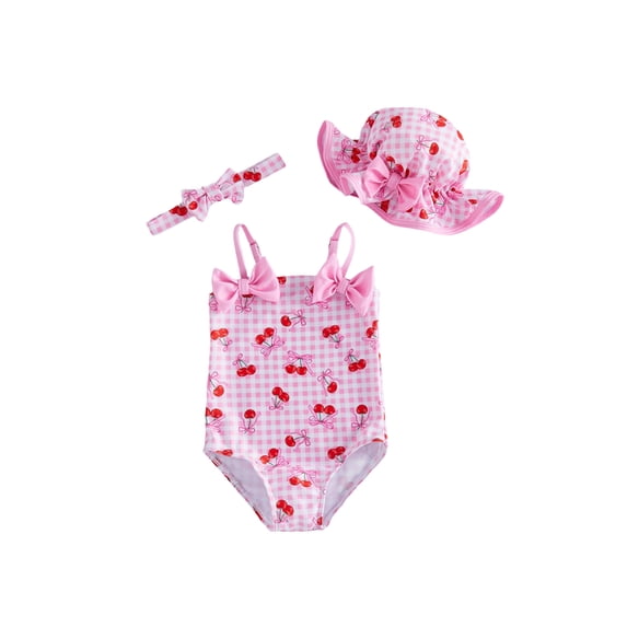 BemeyourBBs Toddler Baby Girl Strawberry Bow Cherry Swimsuit Infant Bathing Suit One-Piece Swimsuits Sun Hat Set Front Bow Rash Guard Spaghetti Strap Swimwear Summer Beach Wear Headband