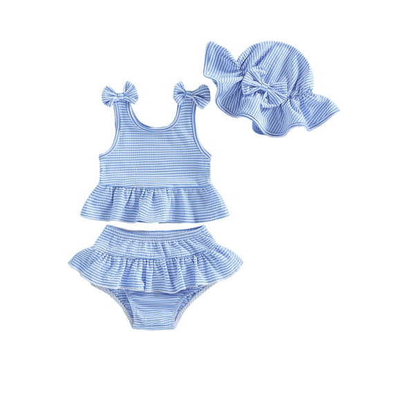 BemeyourBBs Toddler Baby Girl Striped Swimsuit Infant Bathing Suit 3 Pieces Swimsuits Bow Tank Top with Ruffle Shorts Set Sun Hat Rash Guard Swimwear Summer Beach Wear