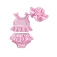 thumbnail image 1 of BemeyourBBs Toddler Baby Girl Striped Swimsuit Infant Bathing Suit 3 Pieces Swimsuits Bow Tank Top with Ruffle Shorts Set Sun Hat Rash Guard Swimwear Summer Beach Wear, 1 of 9