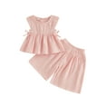 thumbnail image 1 of BemeyourBBs Toddler Baby Girl Summer Clothes 2 Pieces Cotton Linen Outfit Solid Bow Sleeveless Babydoll Tunic Shirt Tops and Wide Leg Shorts Set, 1 of 9