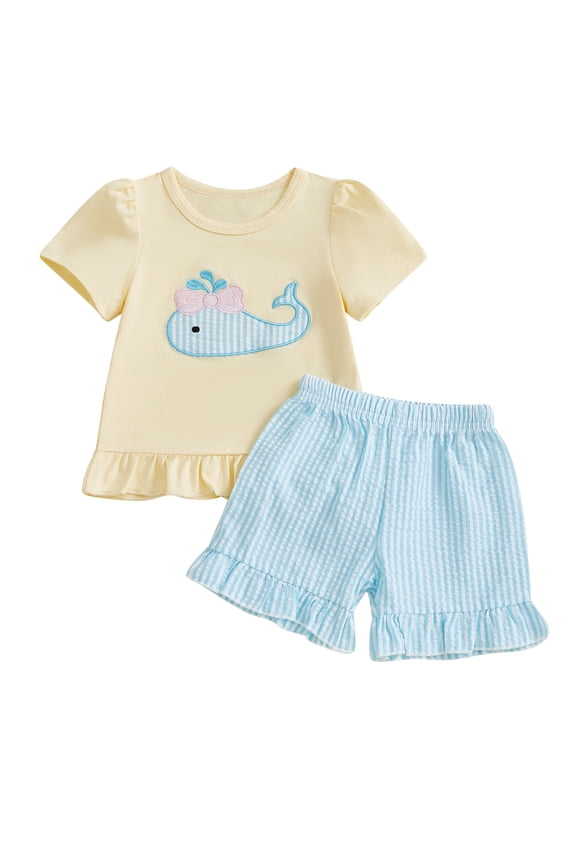 Toddler Baby Girl Summer Clothes 2 Pieces Outfits Whale Embroidered Short Sleeve Round Neck T-Shirt Plaid Print Ruffled Shorts Set