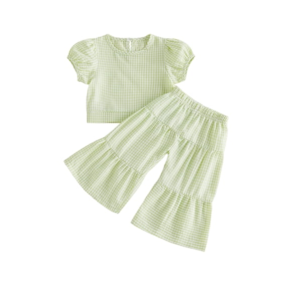 BemeyourBBs Toddler Baby Girl Summer Clothes 6 12 18 24 Months 2 3 4 Years Baby Girl Summer 2 Piece Outfit Puff Short Sleeve Plaid Gingham Print Shirt Tops and Elastic Waist Flare Pants Set