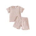 thumbnail image 1 of BemeyourBBs Toddler Baby Girl Summer Clothes 6 12 18  24 Months 2 3 4 Years Baby Girl Summer Outfit Ribbed Striped Short Sleeve Lettuce Trim TShirt Tops and Shorts 2 Piece Set, 1 of 8
