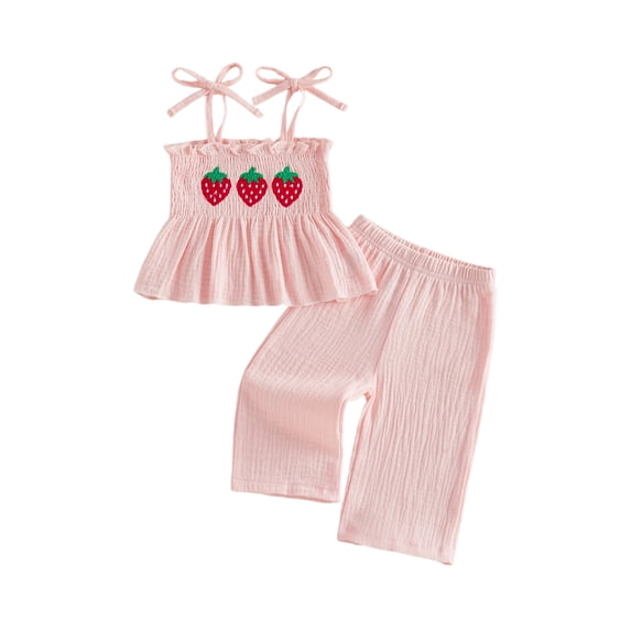 BemeyourBBs Toddler Baby Girl Summer Clothes Cotton 2 Pieces Outfits Ladybug Strawberry Embroidery Smocked Cami TankVest Tops Elastic Waist Wide Legs Long Pants Set