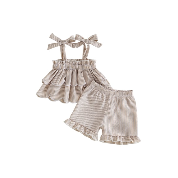 BemeyourBBs Toddler Baby Girl Summer Clothes Cute Infan Baby Girls Summer 2 Piece Outfit 6 12 18 24 Months 2 3 4 Years Strap Tie-up Striped Layered Camisole TankTop with Shorts Set