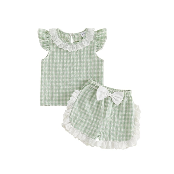 BemeyourBBs Toddler Baby Girl Summer Clothes Cute Infant Baby Girls Plaid Gingham 2 Piece Outfits Flying Sleeve Lace Collar Shirt Tops and Shorts Set Toddler Girls Summer Outfit