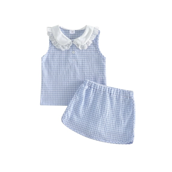 BemeyourBBs Toddler Baby Girl Summer Clothes Cute Infant Baby Girls Plaid Gingham 2 Piece Outfits Sleeveless Doll Collar Vest Tank Tops Skirt Set Toddler Girls Summer Outfit