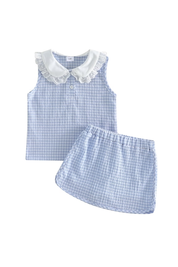 Toddler Baby Girl Summer Clothes Cute Infant Baby Girls Plaid Gingham 2 Piece Outfits Sleeveless Doll Collar Vest Tank Tops Skirt Set Toddler Girls Summer Outfit