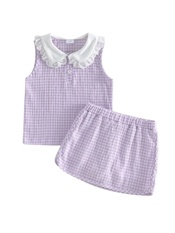 Toddler Baby Girl Summer Clothes Cute Infant Baby Girls Plaid Gingham 2 Piece Outfits Sleeveless Doll Collar Vest Tank Tops Skirt Set Toddler Girls Summer Outfit