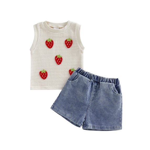 BemeyourBBs Toddler Baby Girl Summer Clothes Cute Infant Baby Girls Strawberry Outfit 3D Strawberry Tank Tops and Pockets Denim Shorts 2 Piece Set