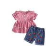 thumbnail image 1 of BemeyourBBs Toddler Baby Girl Summer Clothes Denim Outfits Plaid Short Sleeve Tunic Shirt Tops Strawberry Bowknot Floral Embroidery Jeans Shorts Set, 1 of 9