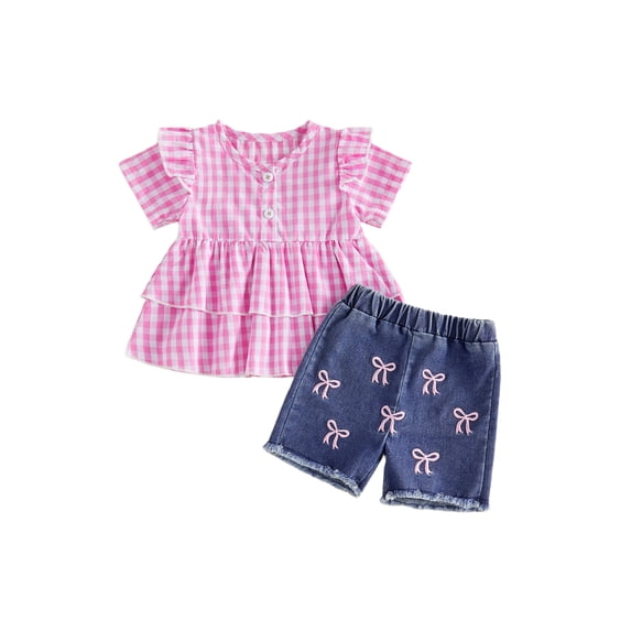 BemeyourBBs Toddler Baby Girl Summer Clothes Denim Outfits Plaid Short Sleeve Tunic Shirt Tops Strawberry Bowknot Floral Embroidery Jeans Shorts Set