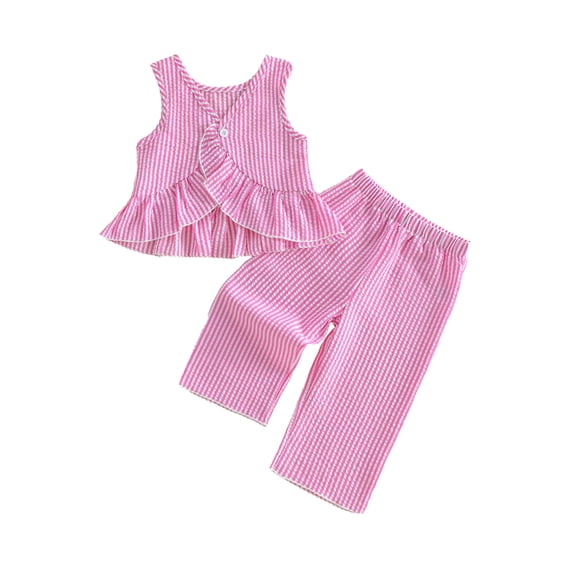 BemeyourBBs Toddler Baby Girl Summer Clothes Infant Baby Girl 2 Piece Summer Outfit Casual Striped Ruffled Hem V Neck Sleeveless Tank Tops and Wide Legs Pants 2 Pcs Set