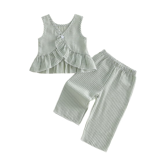 BemeyourBBs Toddler Baby Girl Summer Clothes Infant Baby Girl 2 Piece Summer Outfit Casual Striped Ruffled Hem V Neck Sleeveless Tank Tops and Wide Legs Pants 2 Pcs Set