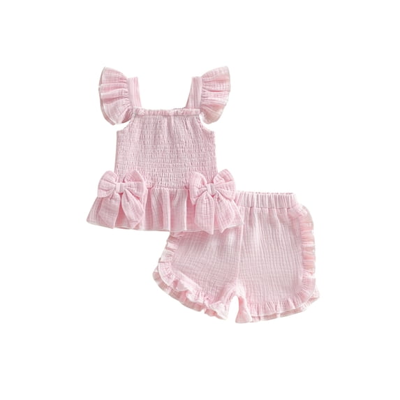 BemeyourBBs Toddler Baby Girl Summer Clothes Infant Baby Girl Smocked Cotton Linen Outfit Bow Flying Sleeve Ruffle Shirt Tops and Shorts Set 2 Piece Summer Outfit