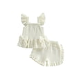 thumbnail image 1 of BemeyourBBs Toddler Baby Girl Summer Clothes Infant Baby Girl Smocked Cotton Linen Outfit Bow Flying Sleeve Ruffle Shirt Tops and Shorts Set 2 Piece Summer Outfit, 1 of 9