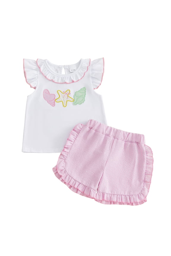 Toddler Baby Girl Summer Clothes Infant Baby Girl Summer Beach Holiday Outfit 3 6 12 18 24 Months 2 3 Years Sea Star Conch Applique Flutter Sleeve T-Shirt and Ruffled Striped Shorts Set
