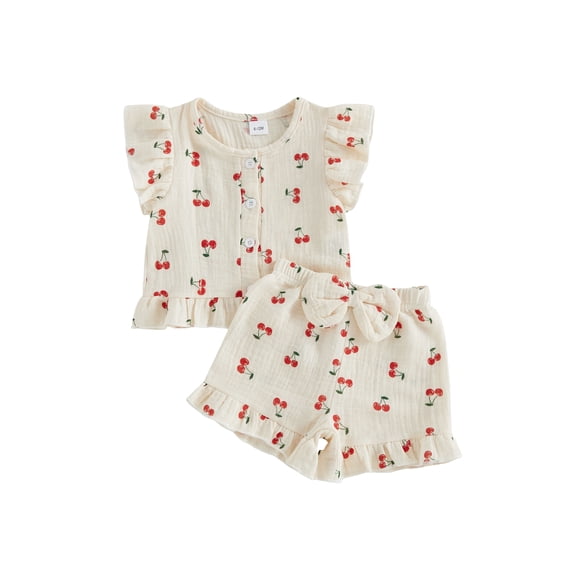 BemeyourBBs Toddler Baby Girl Summer Clothes Infant Baby Girls Cotton Linen 2 Pieces Outfit Cute Cherry Printed Flying Sleeve Button Down Shirt Tops and Ruffle Shorts Set