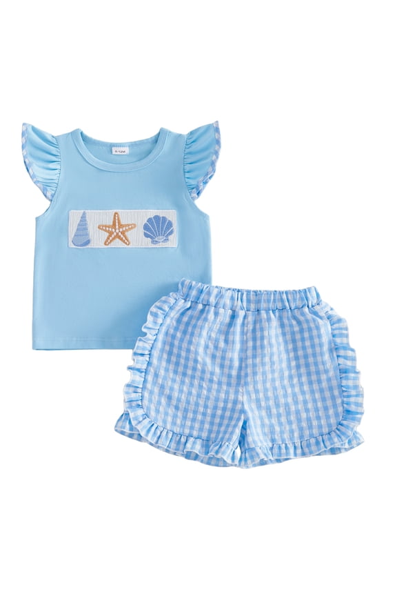 Toddler Baby Girl Summer Clothes Infant Baby Girls Shell Starfish Outfit Cute Ocean-themed Embroidered Flying Sleeve T Shirt Tops And Ruffle Plaid Shorts 2 Pcs Set