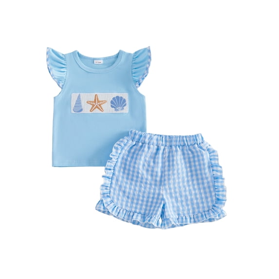 BemeyourBBs Toddler Baby Girl Summer Clothes Infant Baby Girls Shell Starfish Outfit Cute Ocean-themed Embroidered Flying Sleeve T Shirt Tops And Ruffle Plaid Shorts 2 Pcs Set