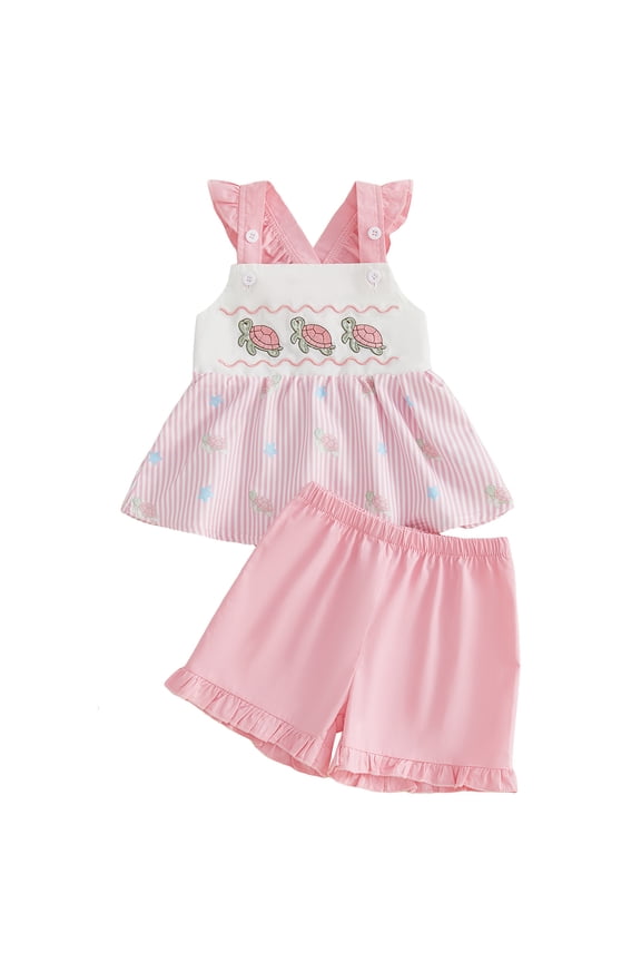 Toddler Baby Girl Summer Clothes Infant Baby Girls Summer Beach Holiday Outfit Cute Turtle Embroidered Striped Flying Sleeve Babydoll Shirts Tops and Ruffle Shorts 2 Piece Set