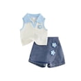 thumbnail image 1 of BemeyourBBs Toddler Baby Girl Summer Clothes Kids Baby Girl 2 Piece Cherry Denim Outfits Cherry Decor Lapel V-Neck Tank Vest Tops Jeans Denim Shorts Skirt Skorts Set, 1 of 9