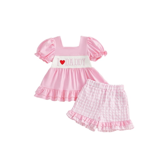 BemeyourBBs Toddler Baby Girl Summer Clothes Mothers Day Fathers Day Outfit I Love Mama Daddy Heart Letter Embroidery Short Sleeve Tunic Shirt Tops and Plaid Shorts Set