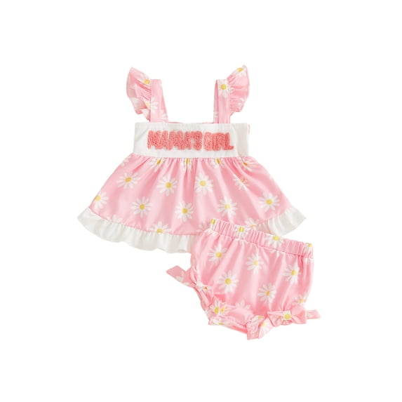 BemeyourBBs Toddler Baby Girl Summer Clothes Newborn Baby Girl Mothers Day Fathers Day Outfit Mama's Girl Daddy's Girl Daisy Print Flying Sleeve Square Neck Shirt Tops and Bow Shorts Set