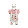 thumbnail image 1 of BemeyourBBs Toddler Baby Girl Summer Clothes Spring Fall Winter Romper Floral Print Patchwork Short Sleeve Fake Two-piece Jumpsuit with Headband Set 2 Piece Outfits, 1 of 9