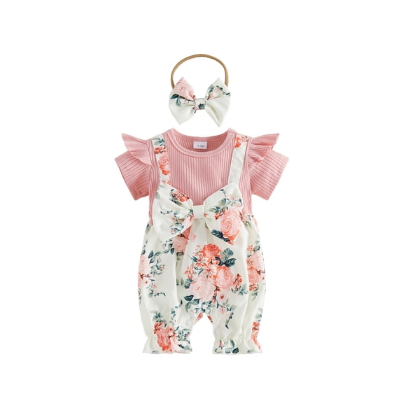 BemeyourBBs Toddler Baby Girl Summer Clothes Spring Fall Winter Romper Floral Print Patchwork Short Sleeve Fake Two-piece Jumpsuit with Headband Set 2 Piece Outfits