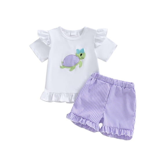 BemeyourBBs Toddler Baby Girl Summer Clothes Turtle Outfits Cute Turtle Embroidered Short Sleeve T Shirt Tops Elastic Waist Ruffle Plaid Shorts 2Pcs Clothes Set