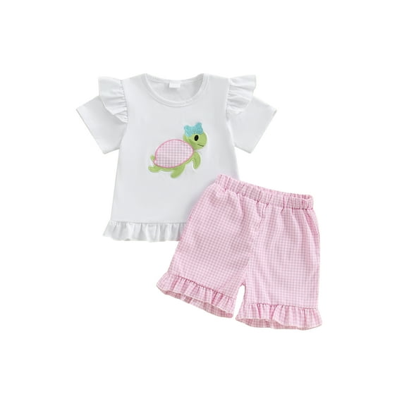 BemeyourBBs Toddler Baby Girl Summer Clothes Turtle Outfits Cute Turtle Embroidered Short Sleeve T Shirt Tops Elastic Waist Ruffle Plaid Shorts 2Pcs Clothes Set