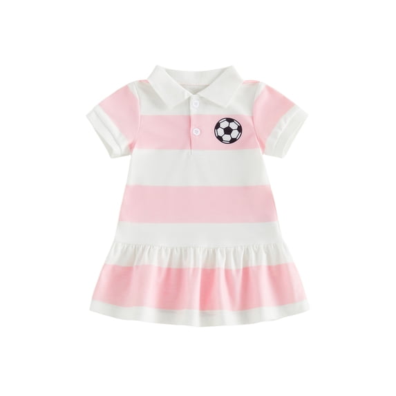 BemeyourBBs Toddler Baby Girl Summer Football Dress Little Baby Girl Soccer Dress Outfit Football Embroidered Striped Button Collared Short Sleeve A Line Ruffled Dress