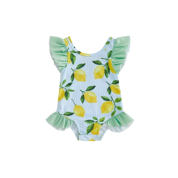 BemeyourBBs Toddler Baby Girl Summer One Piece Swimsuit Infant Girl Bathing Suit Cute Daisy Lemon Print Flying Sleeve Round Neck Swimwear for Pool Beachwear