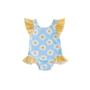 BemeyourBBs Toddler Baby Girl Summer One Piece Swimsuit Infant Girl Bathing Suit Cute Daisy Lemon Print Flying Sleeve Round Neck Swimwear for Pool Beachwear