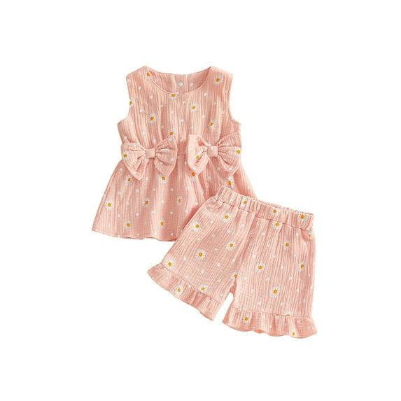 BemeyourBBs Toddler Baby Girl Summer Outfits Cute Daisy Dot Print Two Bowknot Sleeveless Tank Tops Ruffle Elastic Waist Shorts Set 2Pcs Summer Clothes