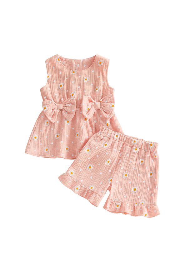 Toddler Baby Girl Summer Outfits Cute Daisy Dot Print Two Bowknot Sleeveless Tank Tops Ruffle Elastic Waist Shorts Set 2Pcs Summer Clothes