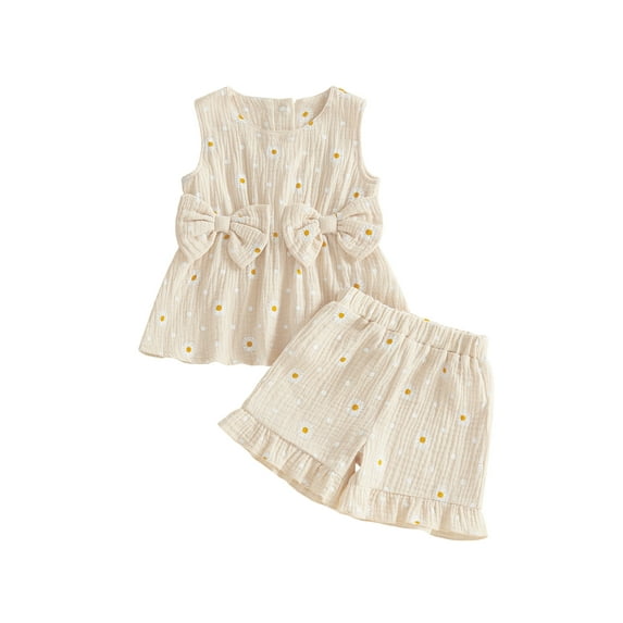BemeyourBBs Toddler Baby Girl Summer Outfits Cute Daisy Dot Print Two Bowknot Sleeveless Tank Tops Ruffle Elastic Waist Shorts Set 2Pcs Summer Clothes
