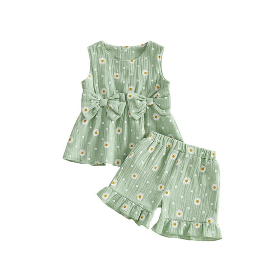 BemeyourBBs Toddler Baby Girl Summer Outfits Cute Daisy Dot Print Two Bowknot Sleeveless Tank Tops Ruffle Elastic Waist Shorts Set 2Pcs Summer Clothes