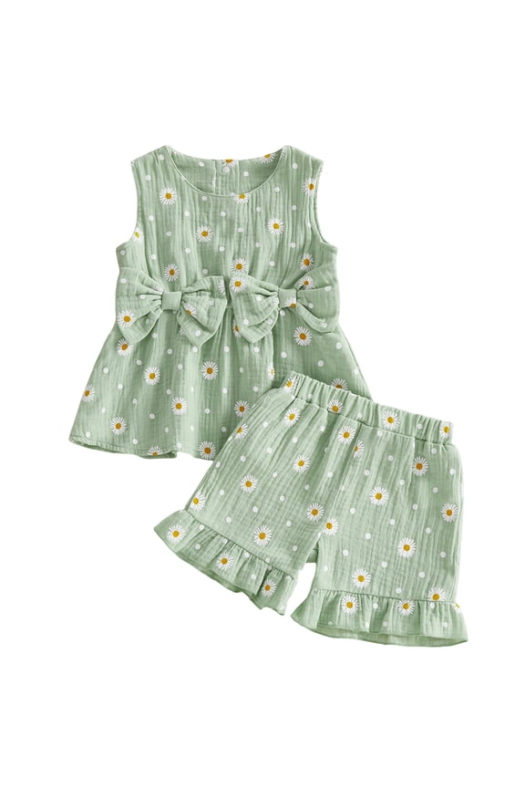Toddler Baby Girl Summer Outfits Cute Daisy Dot Print Two Bowknot Sleeveless Tank Tops Ruffle Elastic Waist Shorts Set 2Pcs Summer Clothes