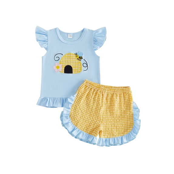 BemeyourBBs Toddler Baby Girl Summer Outfits Infant Baby Girl Summer Clothes 6 12 18 24 Months 2 3 4 Years Cute Bee Frog Dragonfly Embroidery Flying Sleeve Shirt Tops and Plaid Ruffled Shorts Set