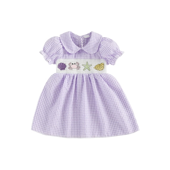 BemeyourBBs Toddler Baby Girl Summer Plaid Gingham Smocked Dress 6 12 18 24 Months 2 3 4 Years Puff Short Sleeve Cute Crab Starfish Embroidery Doll Collar A-Line Summer Beach Holiday Party Dress