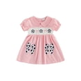 thumbnail image 1 of BemeyourBBs Toddler Baby Girl Summer Plaid Gingham Smocked Dress Baby Girls Football Dress Outfit Soccer Bow Embroidery Doll Collar Puff Short Sleeve Casual A Line Dress, 1 of 9