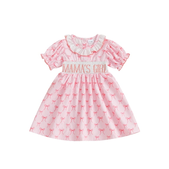 BemeyourBBs Toddler Baby Girl Summer Smocked Dress Kids Baby Girls Mathers Day Fathers Day Outfit Mama's Girl Daddy's Girl Dress Bow Letter Ruffle Trim Round Neck Short Sleeve A-line Princess Dress