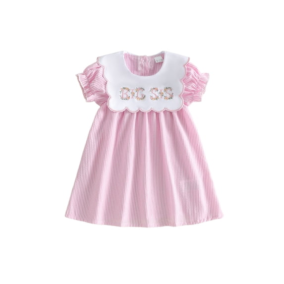 BemeyourBBs Toddler Baby Girl Summer Striped Dress Little Baby Girl Silly Goose Big Sister Outfit 12 18 24 Months 2 3 4 5 Years Scalloped Collar Puff Short Sleeve Silly Goose Floral Embroidery Dress