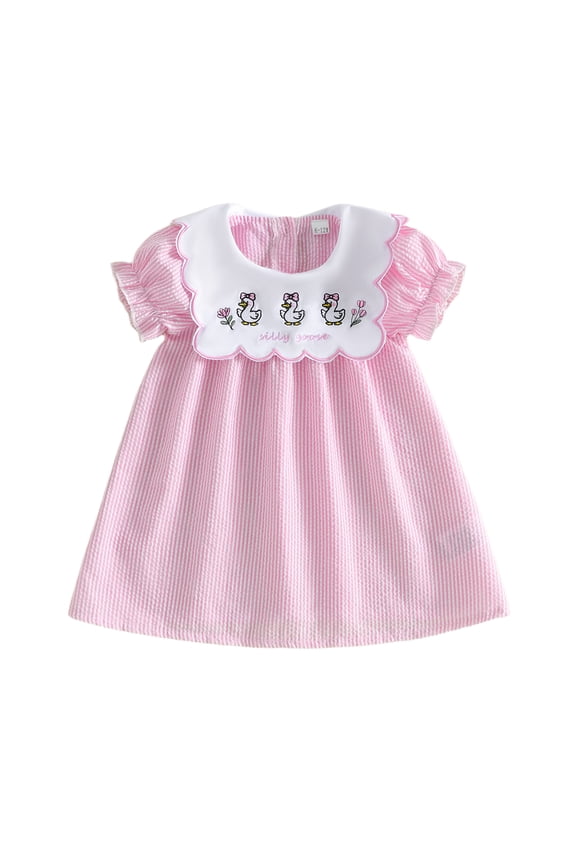 Toddler Baby Girl Summer Striped Dress Little Baby Girl Silly Goose Big Sister Outfit 12 18 24 Months 2 3 4 5 Years Scalloped Collar Puff Short Sleeve Silly Goose Floral Embroidery Dress