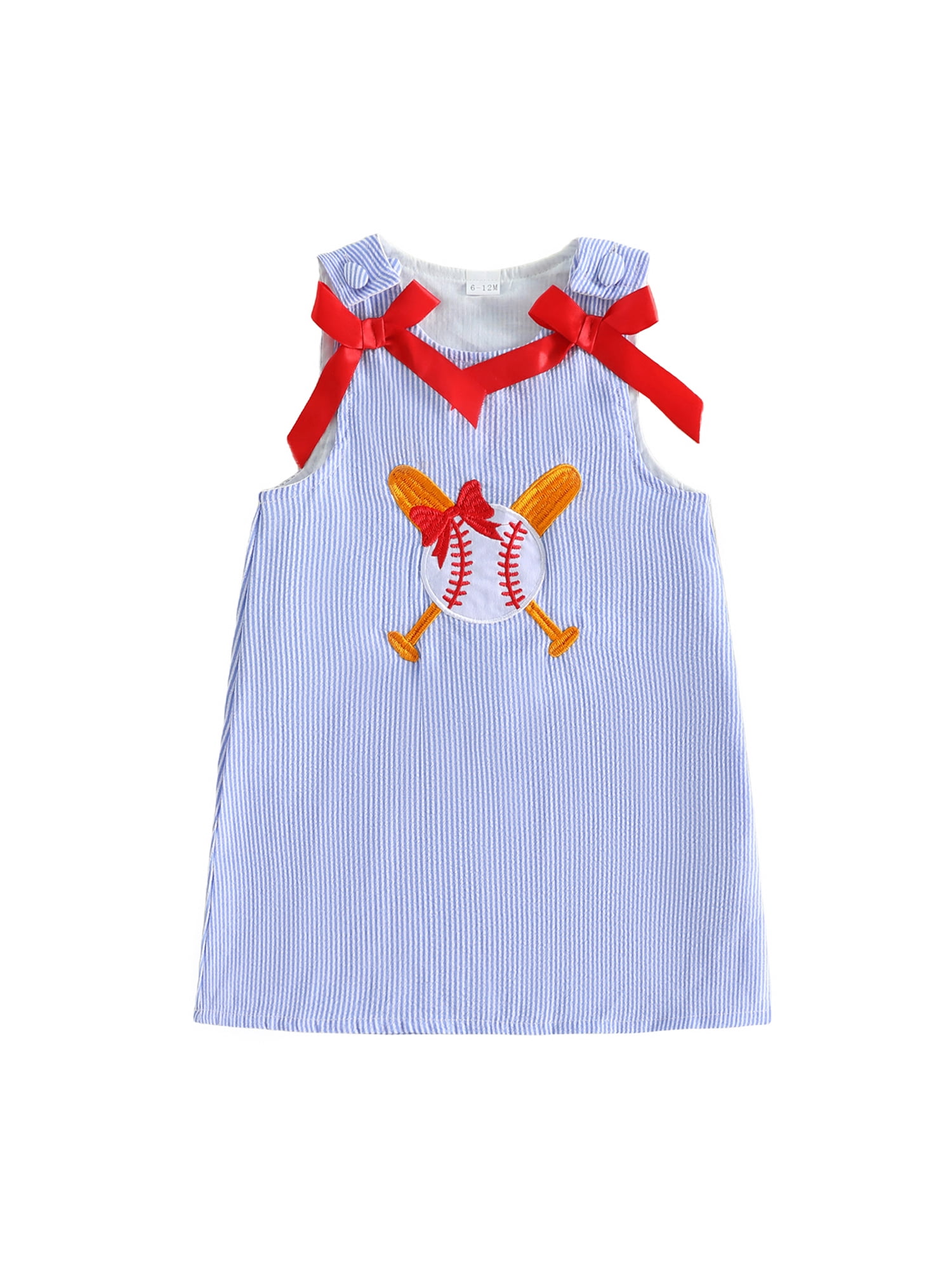 BemeyourBBs Toddler Baby Girl Summer Striped Tank Dress Overalls 6 12 18 24 Months 2 3 4 5  Years Cute Baseball Embroidery Cute Bow Sleeveless Overalls Casual Dress